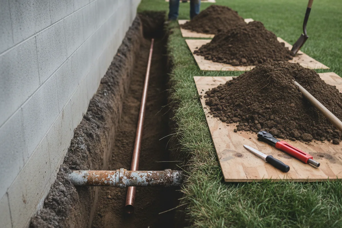 Excavated water line trench during Sewer Line Repair in Newell